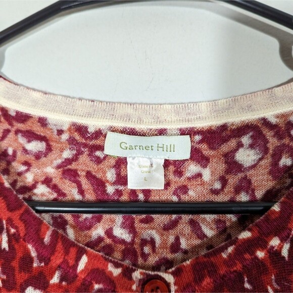 Garnet Hill Womens Red Animal Print Merino Wool Cardigan Sz‎ L Mature Mob Wife - Picture 3 of 6